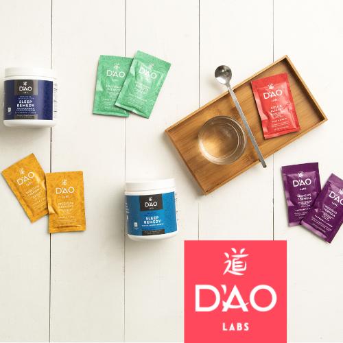 DAO Labs Logo with aerial view of different DAO Labs packaged product formulas 